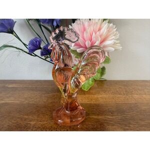 Vintage Pink Pressed Glass Rooster Figurine‎ Farmhouse Kitchen Decor Cottage